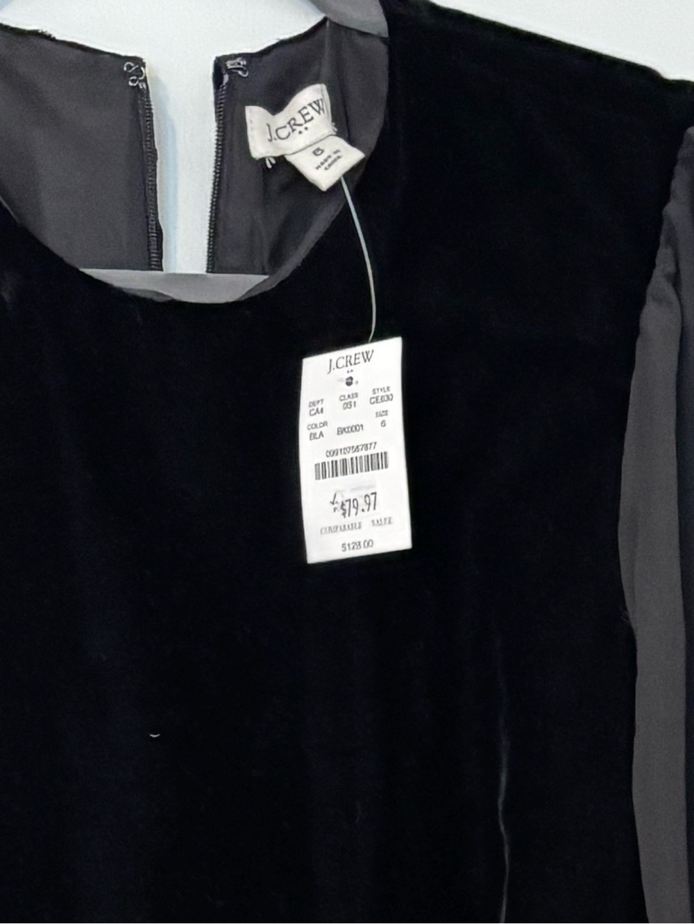 J. Crew Black Velvet Shift Dress with Sheer Long Sleeves